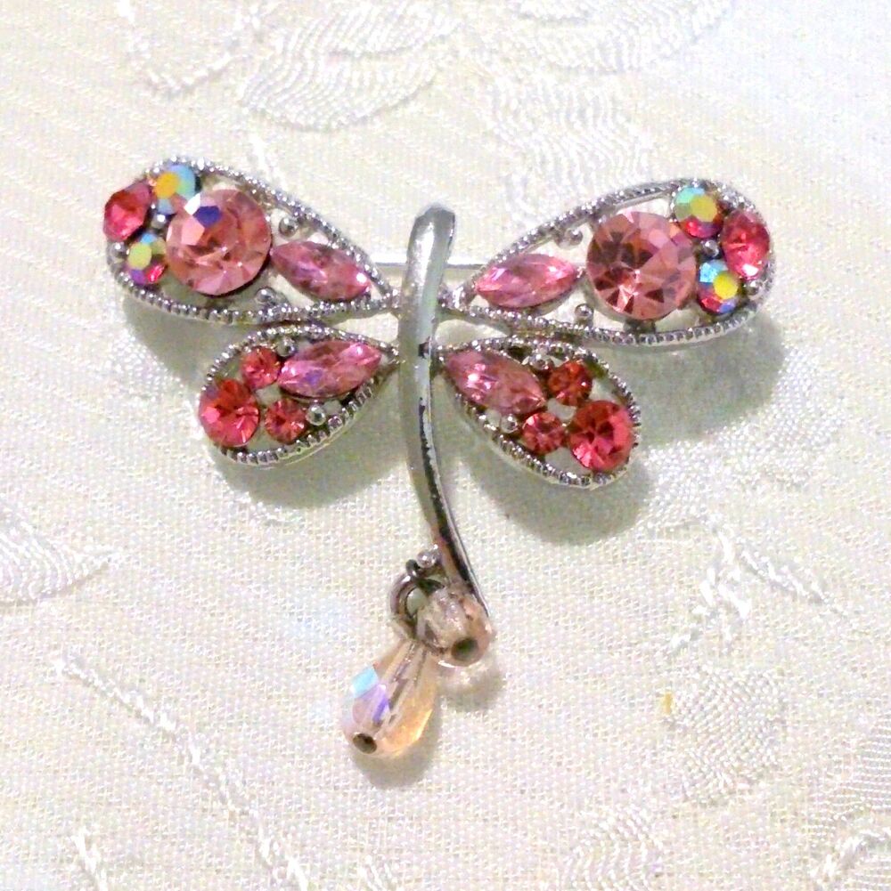 Pink Rhinestone Silver Tone Dragonfly Brooch - Picture 2 of 5